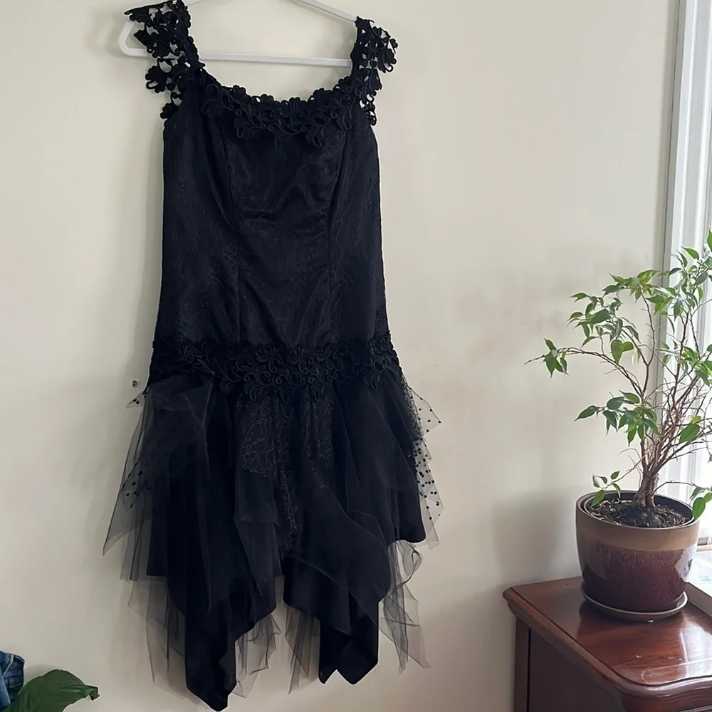 Vintage Loralie Black‎ Event Dress 80s Goth Punk Drop Waist Fairy Prom Halloween